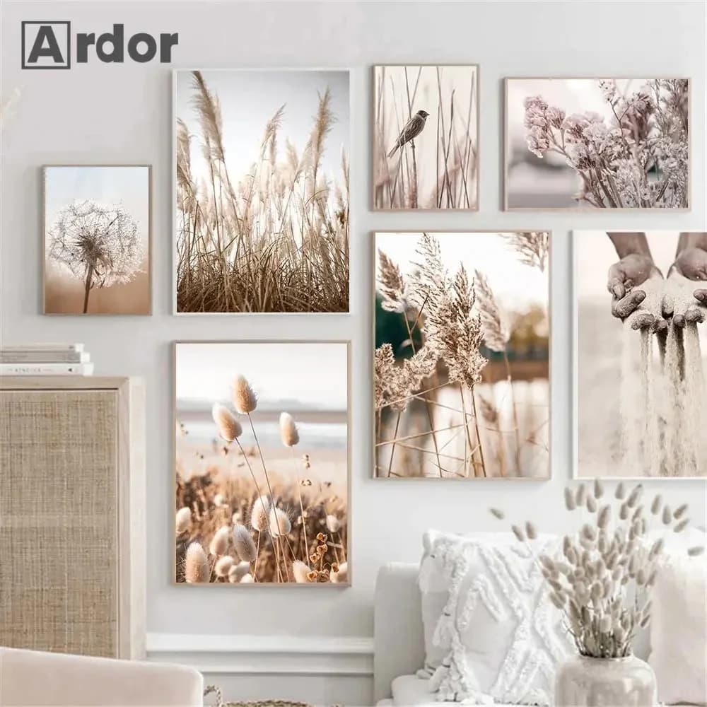 Affiche murale en toile avec roseaux de coucher de soleil, herbe, oiseau, fleur, plante, imprimés à la main, peinture d'art nordique, images murales, décor de salon
