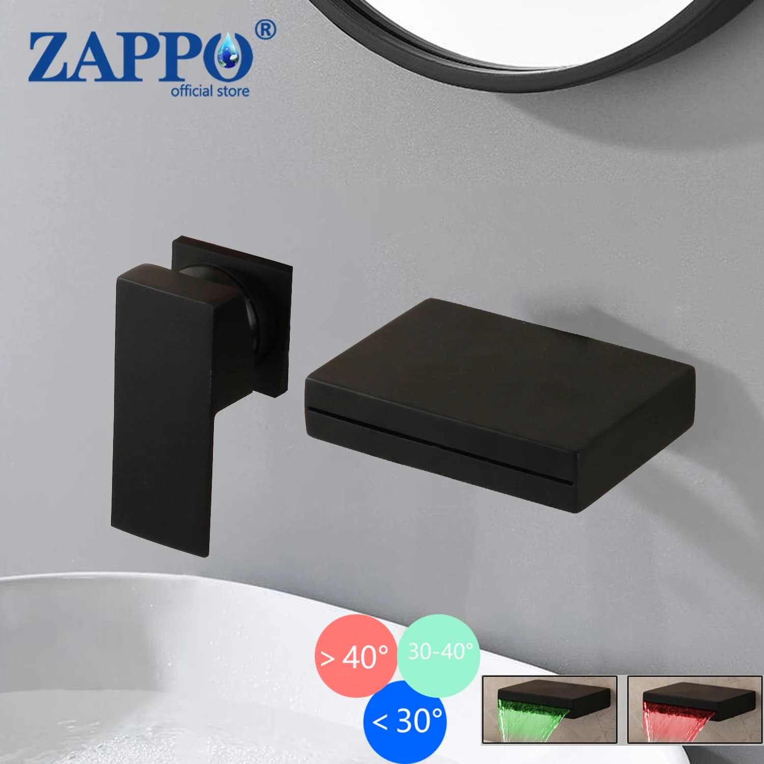 ZAPBAG-Bassin d'Evier Mural à LED en Laiton Solide Noir, Cascade, Robinet de Baignoire, Centre Commercial, 256