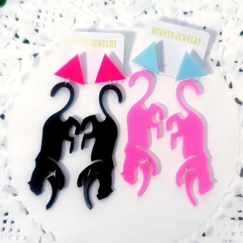 KUGUYS Boucles d'oreilles léopard noires et roses pour femmes, bijoux longs en acrylique, accessoires animaliers hyperboliques