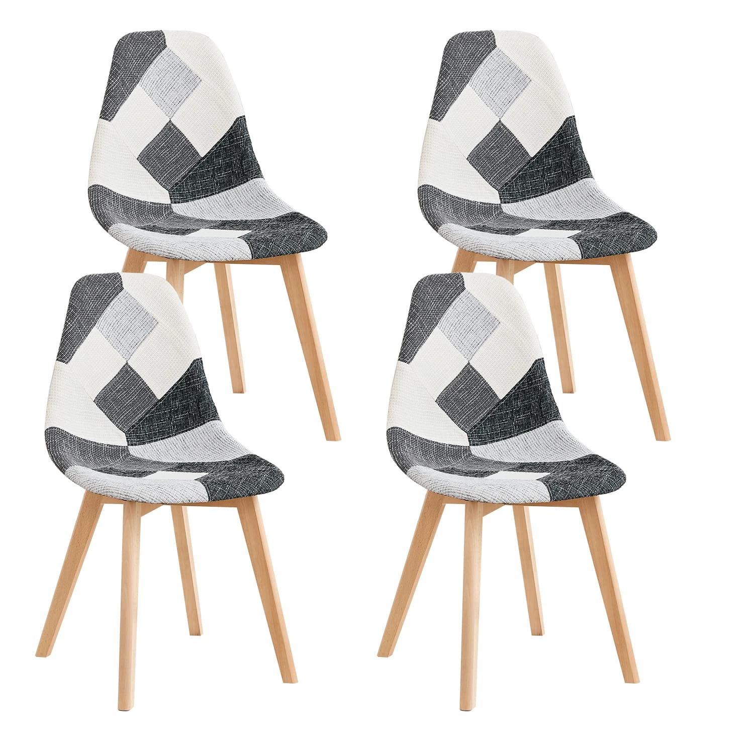 Un ensemble de 4 chaises de salle à manger en tissu patchwork avec pieds en bois, chaise longue latérale de style rétro multicolore pour salle à manger, cuisine, maison