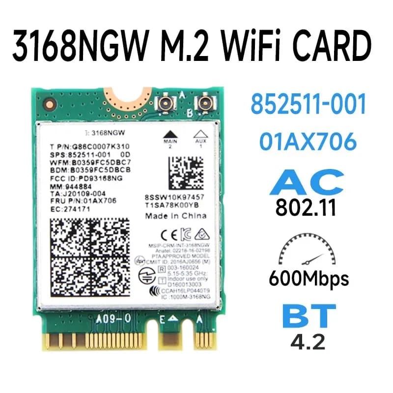 Carte réseau Wi-fi sans fil 600Mbps, récepteur 3168 AC SION 8NGW NGFF M.2, stérilisation 11ac pour Bluetooth 4.2