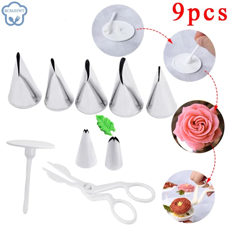 Ciseaux à fleurs, 7 pièces, ensemble de 9 pièces, buse tulipes roses, décoration d'ongles, levage har ant crème, transfert de pâtisserie, cuisine padique