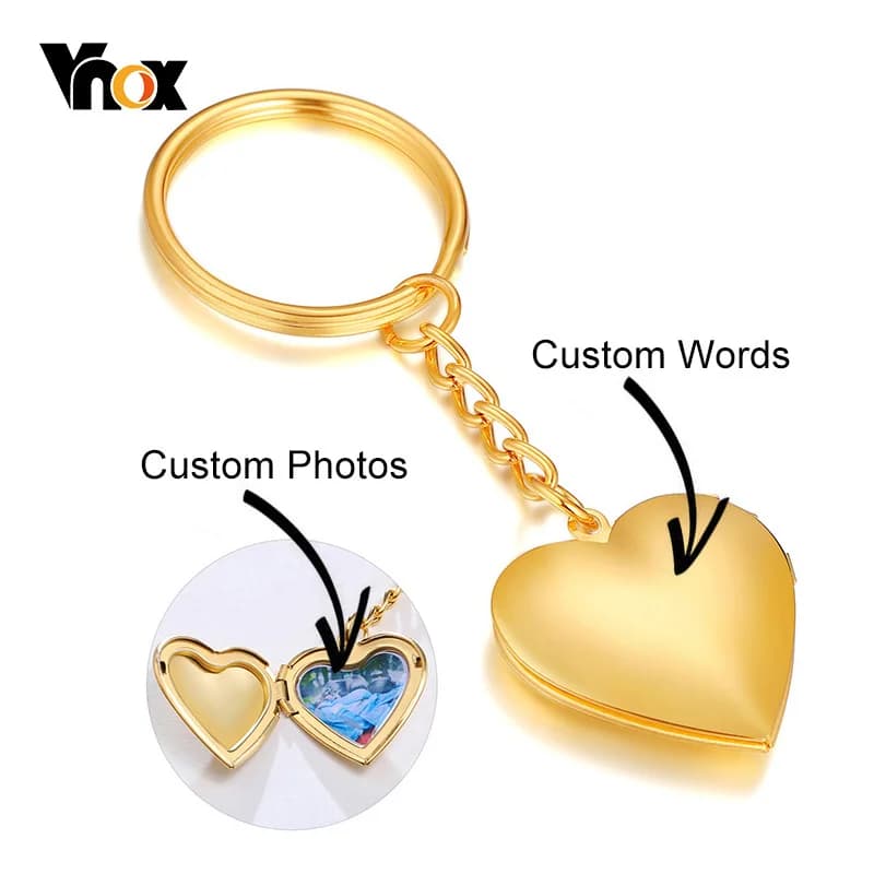 Vnox personnaliser graver nom coeur médaillon porte-clés pour femmes hommes, personnalisé famille amour Photos anniversaire souvenir cadeaux