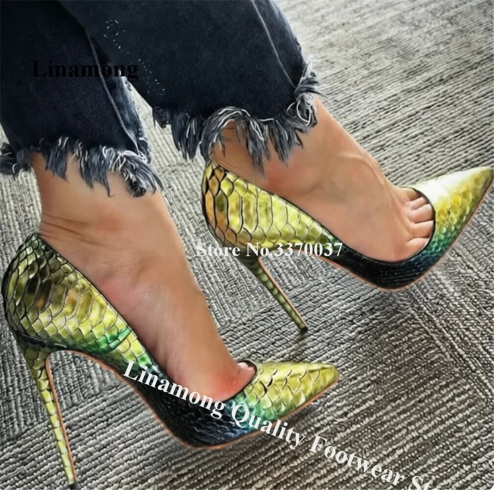 Linamong Sexy bout pointu jaune vert dégradé serpent cuir talon aiguille pompes sans lacet 8 cm 10 cm 12 cm talons hauts Club talons