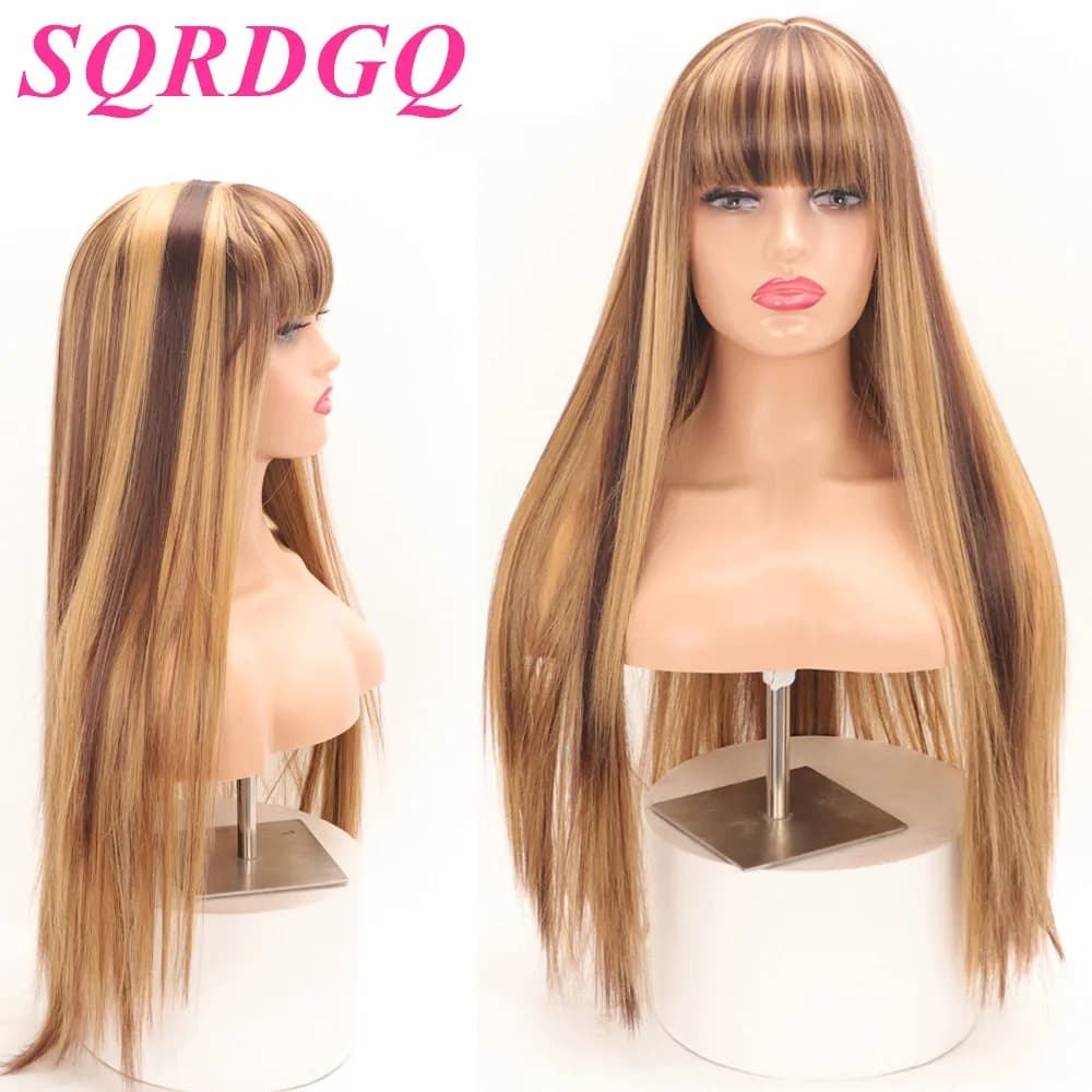 Perruque synthétique 30 pouces P4/27 avec frange, cheveux longs et lisses pour femme, perruques noires naturelles en solde, perruque couleur piano pour femme