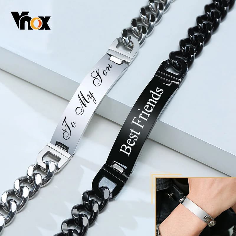 Vnox gratuit personnaliser noms Bracelets d'identification en acier inoxydable pour hommes, cadeau d'amour personnalisé pour père mari fils, 9/12mm de large