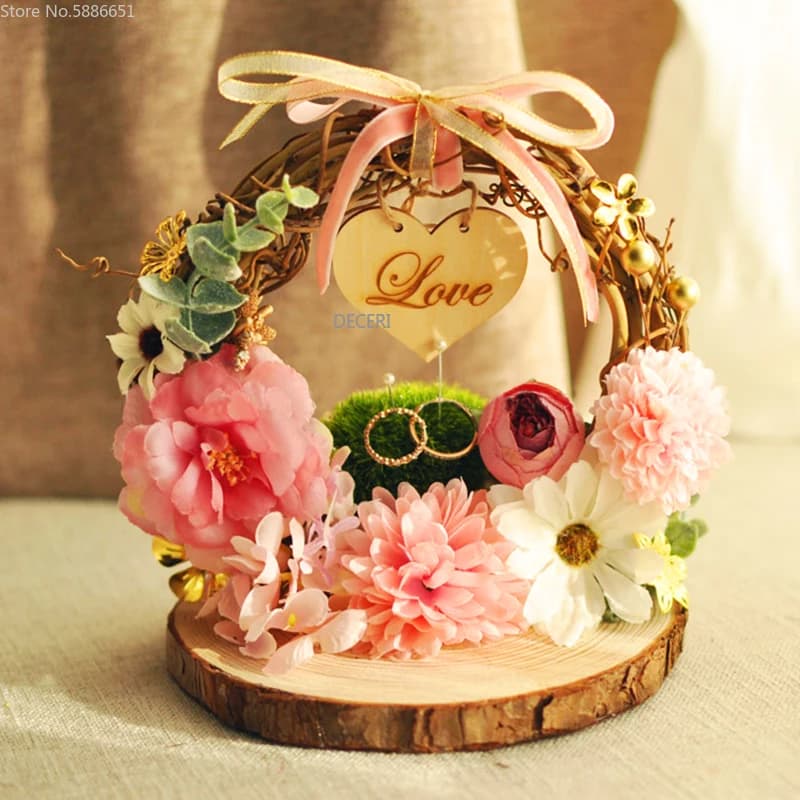 Porte-oreiller avec anneau d'amour juste marié, décoration de fleurs de mariage pour Table, cadeaux de marié