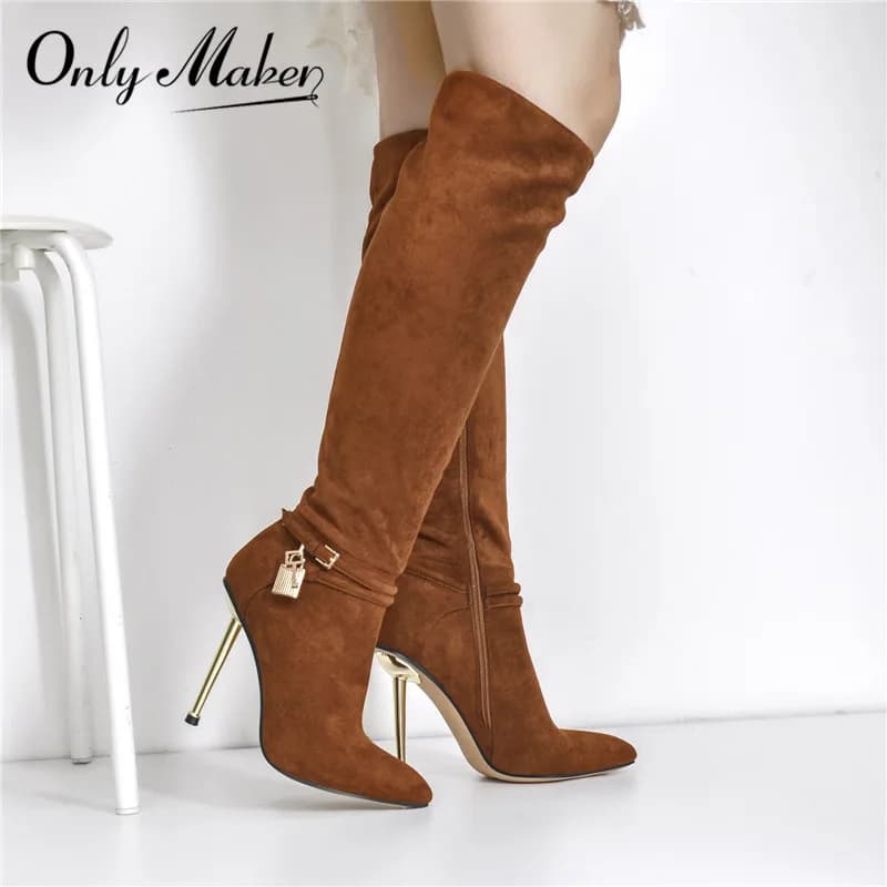 Onlymaker – bottes en daim marron à bout pointu pour femmes, décoration avec fermeture éclair latérale, hauteur du genou, talon Stiletto en métal, à la mode