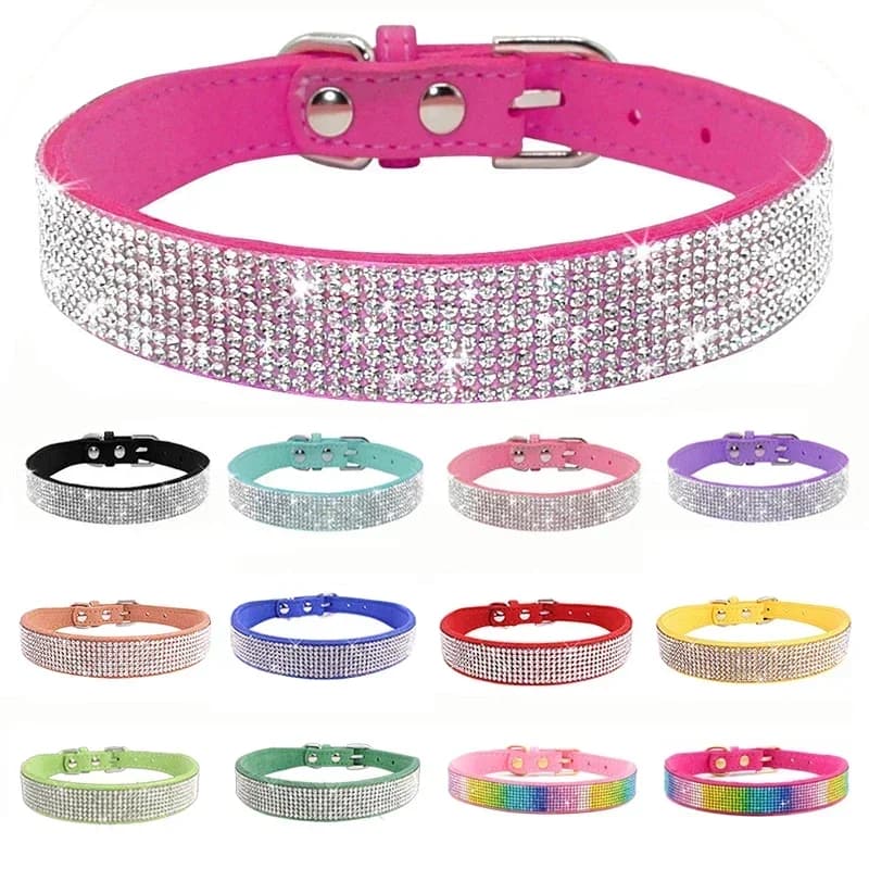 Collier pour chien en Fiber de daim et cristal, confortable, à paillettes, strass, avec boucle en alliage de Zinc, pour petits chiens et chats, XXS-XL