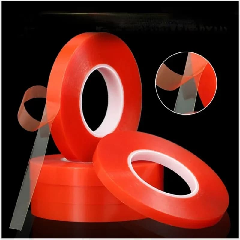 Adhésif acrylique fort 0.2MM 50M, Film rouge PET 1/2/3/5/10mm, bande Double face transparente sans Trace pour téléphone tablette écran LCD verre