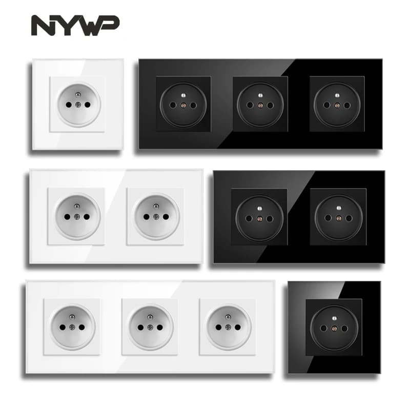 Prise murale standard française Nywp, prise de courant 16A avec chargeur USB double port 2100mA, noir, blanc, or, panneau en verre 86