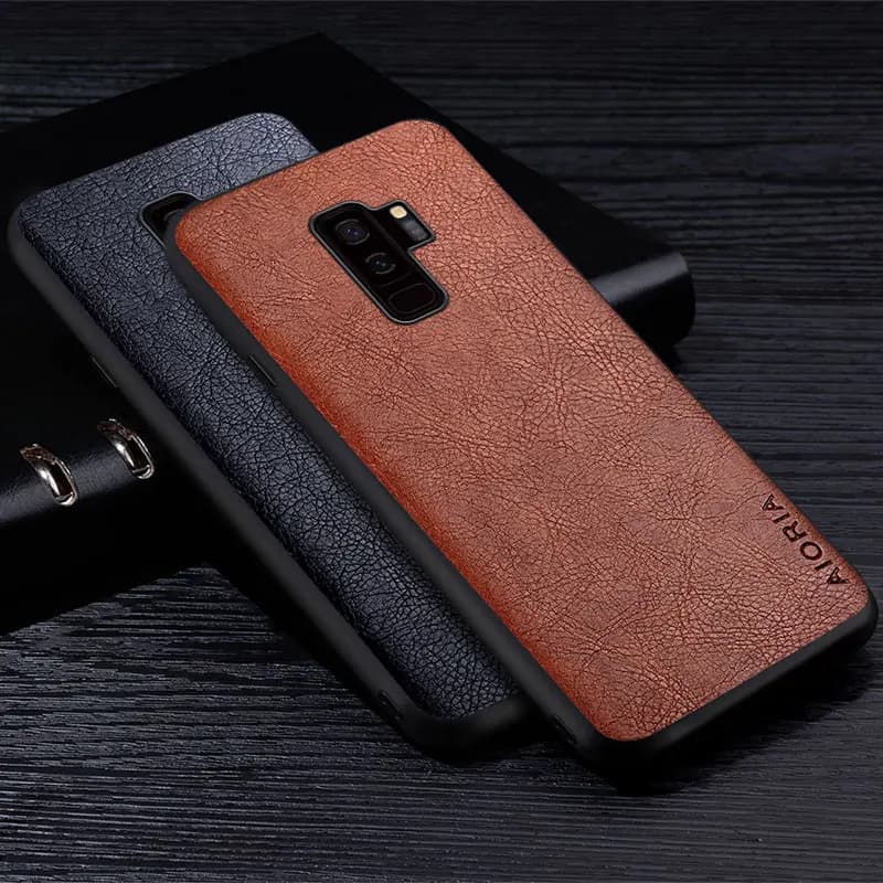 Étui en cuir pour téléphone Samsung Galaxy S9 Plus, style professionnel de luxe, rétro, motif litchi, coque arrière en TPU