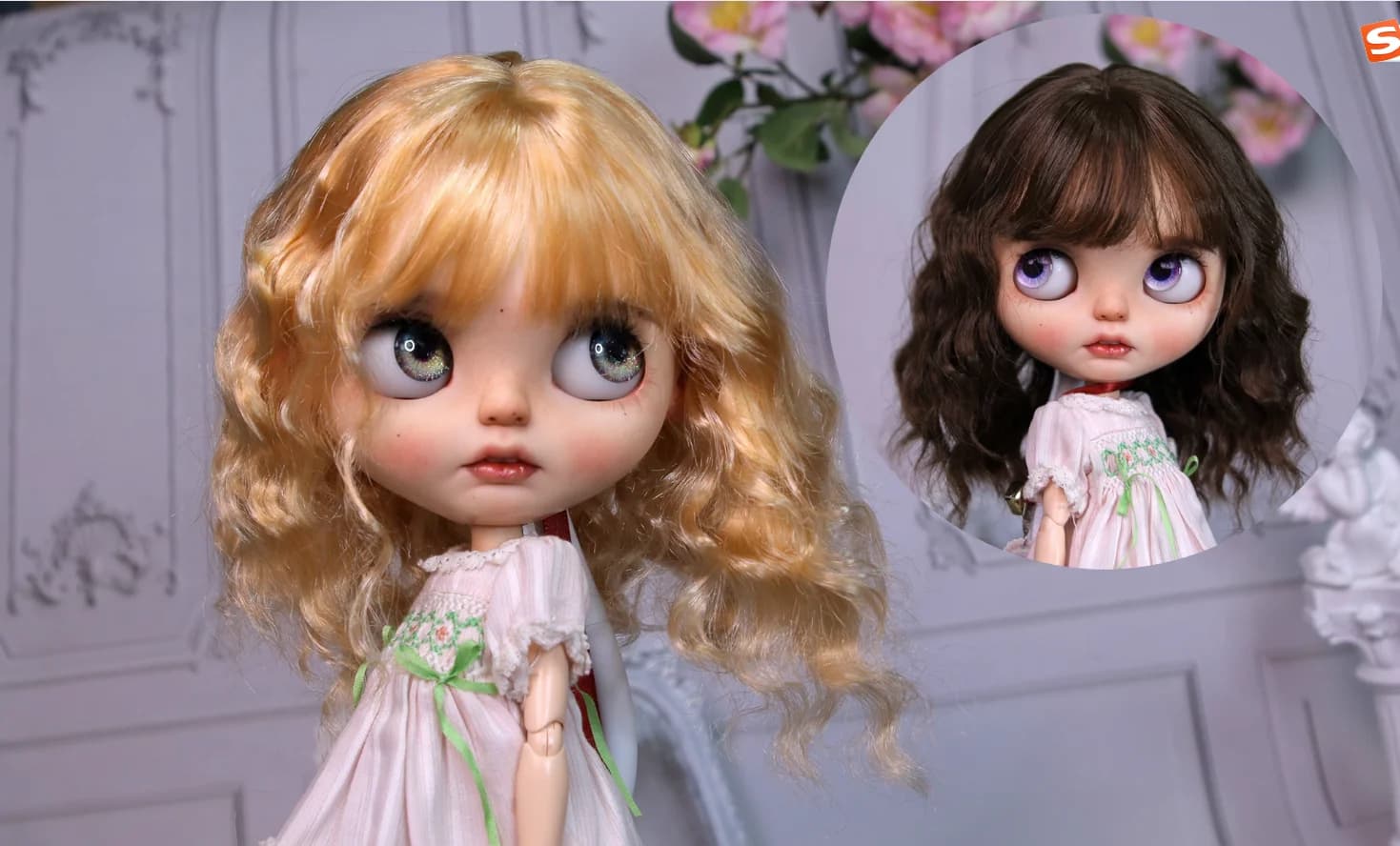 Perruques pour poupées Blythes, adaptées aux poupées élégantes de taille 1/6 (9-10 pouces), couleur marron café polyvalente avec petites franges ondulées et imitation mohair