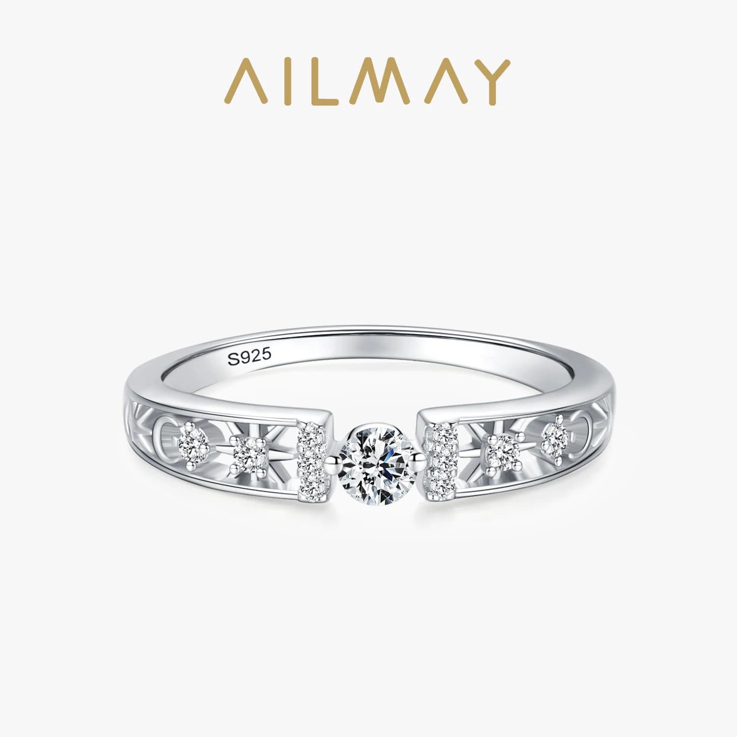 Ailmay 100% anneaux de doigt en argent Sterling 925 véritable CZ clair anneaux de ligne géométrique pour femmes bijoux classiques de déclaration de mariage