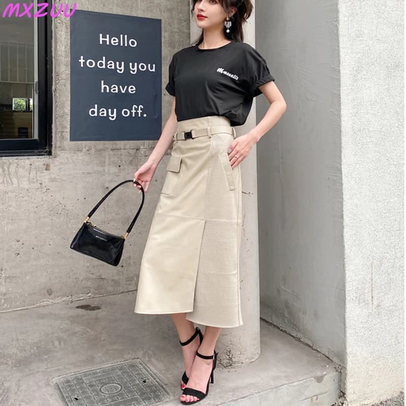 Femmes vêtements 2026 printemps en cuir véritable Falda Midi Mujer peau de mouton Beige taille haute a-ligne Maxi jupe avant fente Style coréen