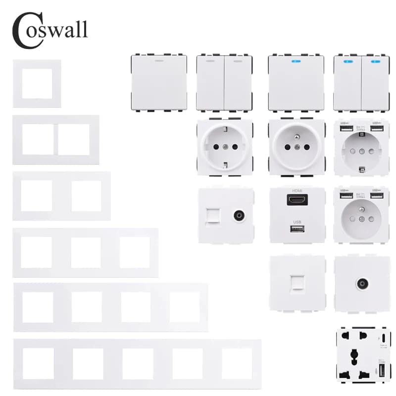COSWALL – panneau mural PC blanc série E20, prise ue française, compatible HDMI, USB type-c 18W, chargeur rapide, Module TV RJ45, bricolage