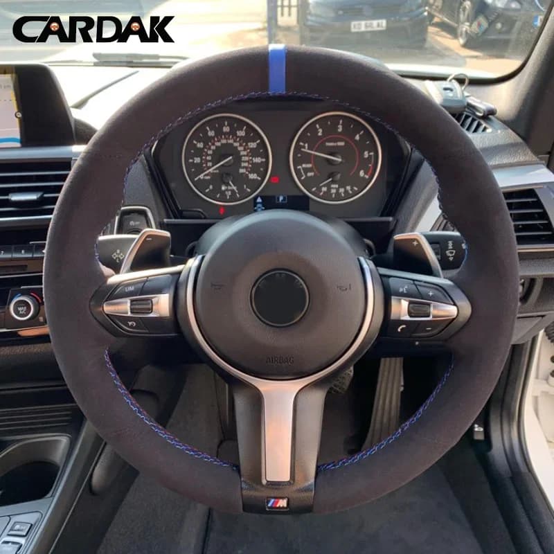 CARDAK Housse de volant de voiture en cuir suédé noir pour BMW F87 M2 F80 M3 F82 M4 M5 F12 F13 M6 F85 X5 M F86 F33 X6 M F30 M Sport