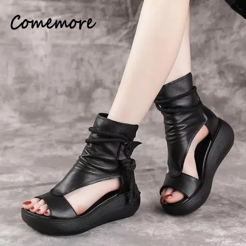 chaussure de luxe chaussure de luxe femme Comemore – sandales à semelles compensées en cuir véritable pour femmes, chaussures d'été décontractées, à bout ouvert noir, avec fermeture éclair au dos,