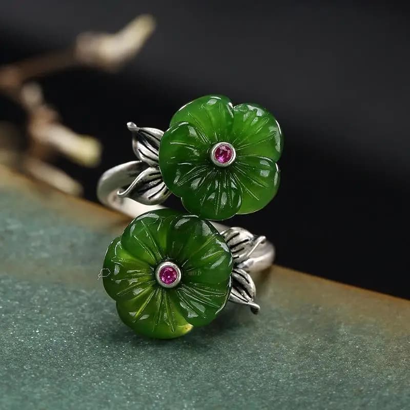 Bague ouverte réglable pour femme, nouvelle bague originale en argent incrusté naturel Hetian diversifier, fleur de prunier à double tête, style chinois rétro