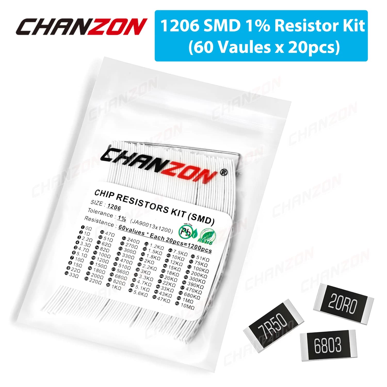 Kit de 1200 résistances CMS 1206, 0 Ohm - 10M Ohm, 1/4W Watt, 1% haute précision, résistance à film mince, ensemble assorti (60 valeurs x 20 pièces)