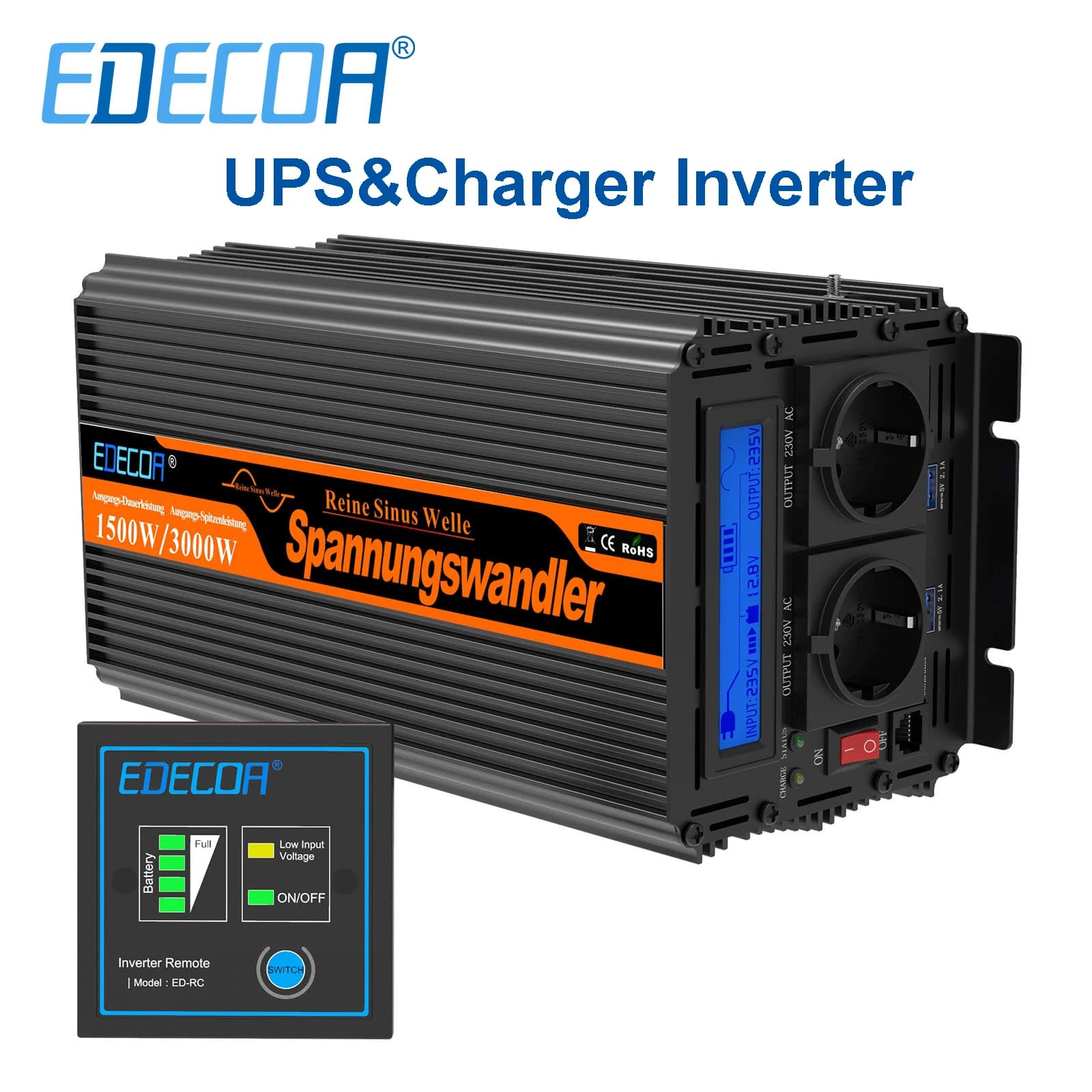 Convertisseur d'énergie EDECOA avec chargeur de batterie 1500W 2500W DC 12V vers AC 220V 230V hors réseau, onde sinusoïdale pure