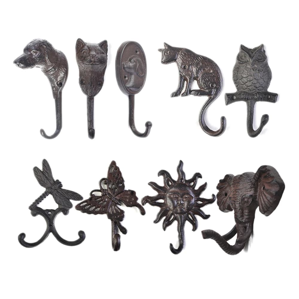 Crochet rustique en fonte pour chien, chat, hibou, libellule, papillon, lumière du soleil, éléphant, cintre mural pour clé, manteau, serviette, décoration de cuisine, 1 pièce