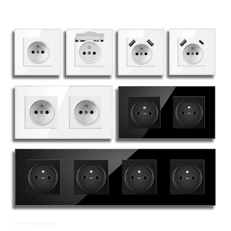 Prise murale standard française Nywp, prise de courant 16A avec chargeur USB double port 2100mA, noir, blanc, or, panneau en verre 86