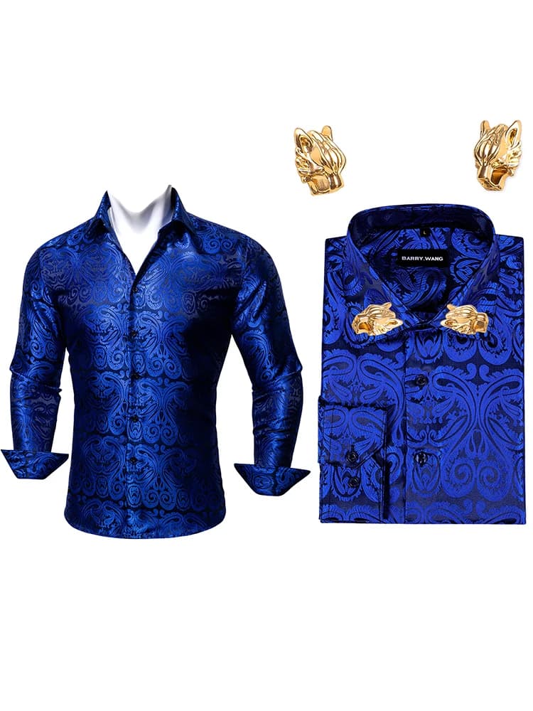 Chemises pour hommes à motif cachemire doré, manches longues, décontractées, à fleurs, chemises habillées, col léopard de créateur avec épingle