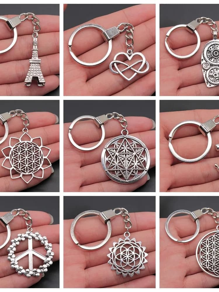 Porte-clés 30mm pour hommes, nouvelle mode, bricolage, support métallique, tour Vintage, cœur sculpté, fleur de vie, pendentif, cadeau Souvenir