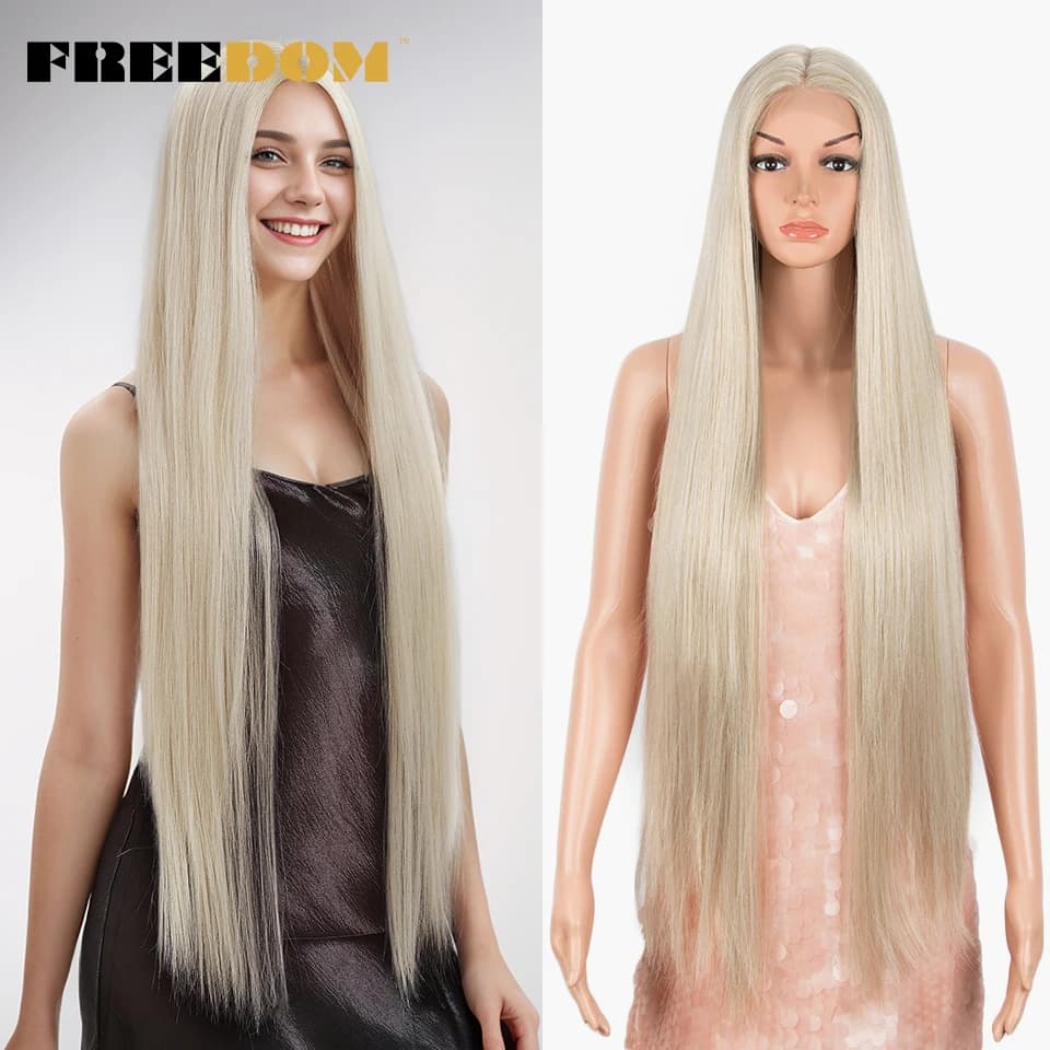 FREEDOM – perruques synthétiques à dentelle frontale pour femmes, perruques droites à dentelle synthétique de 38 pouces, perruques de Cosplay longues blondes roses