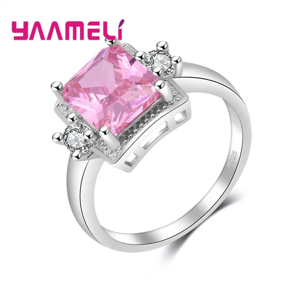 Bagues en argent Sterling 925 pour femmes, bijoux de fiançailles, mariage, zircon cubique rose carré, jolis cadeaux pour femmes