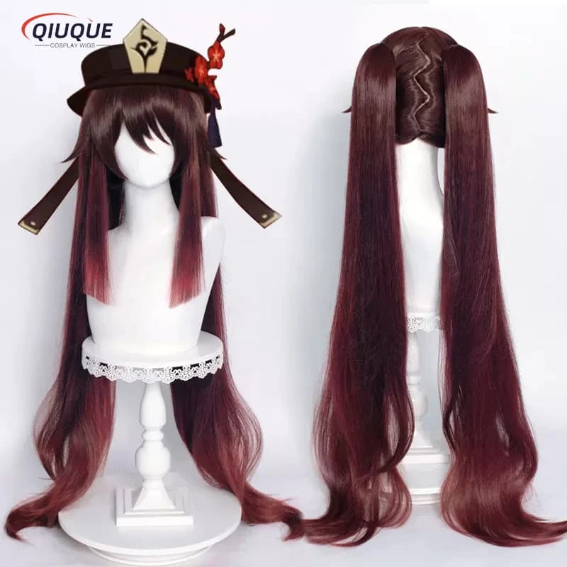 Haute qualité jeu Impact HuTao Cosplay perruque Hu Tao 110 cm longue queue de cheval marron résistant à la chaleur synthétique cheveux perruques + WigCap