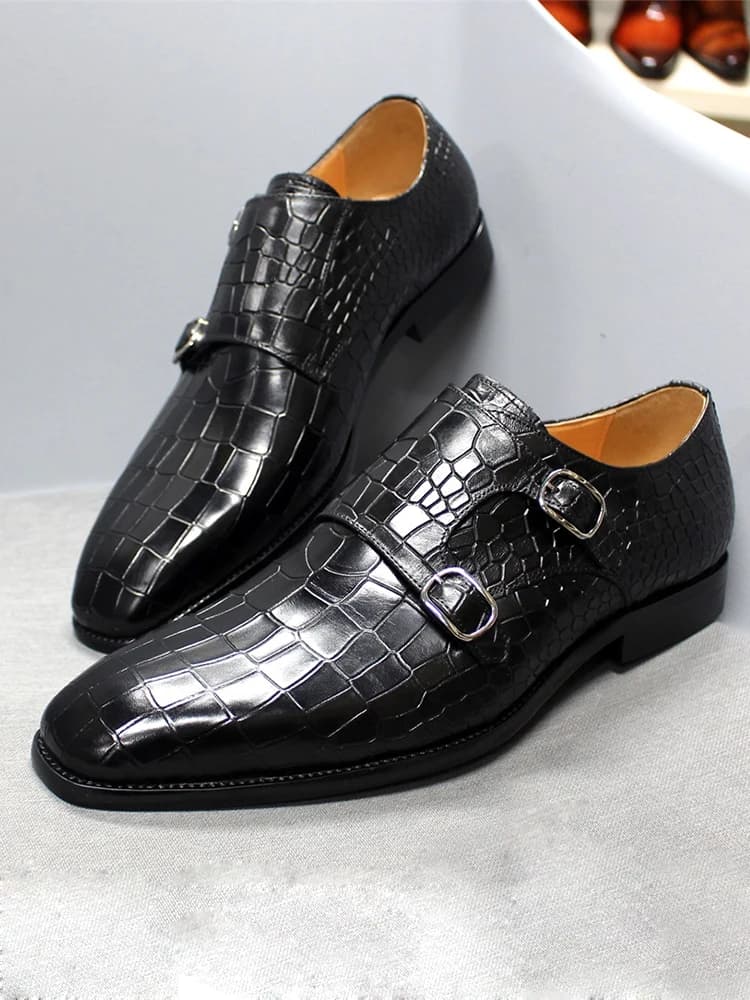 Chaussures noires d'affaires pointues en cuir véritable italien pour hommes, Parker à double structure, imprimé alligator, vêtements d'affaires décontractés, luxe