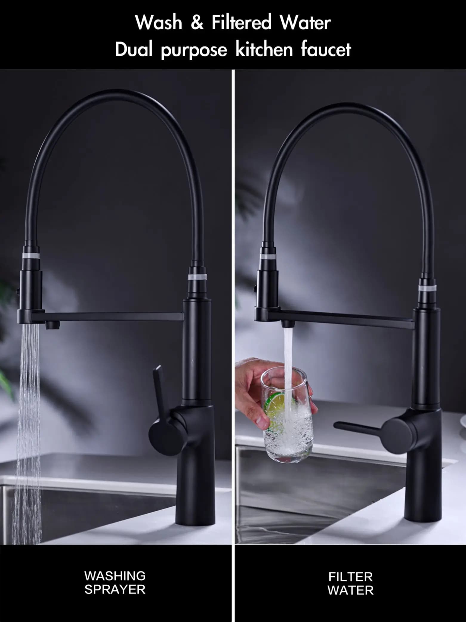 Plan de cuisine en laiton noir simple, design coulissant, double contrôle du froid et de l'eau chaude, fonction de purification d'eau, robinet d'évier