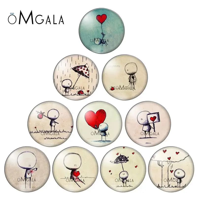 Dessins simples de marionnette et de cœur d'amour, photo ronde, cabochon en verre, démonstration, dos plat, résultats exécutifs, 10 pièces, 12mm, 18mm, 20mm, 25mm