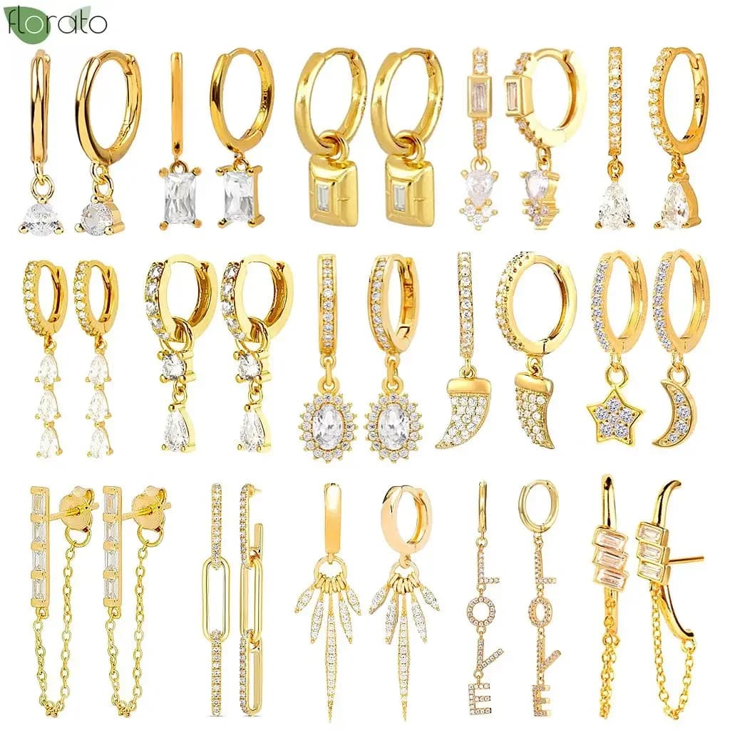 Boucles d'oreilles en argent Sterling 925 pour femmes, petites boucles d'oreilles élégantes en cristaux blancs, pendentif en or 18 carats, bijoux de luxe