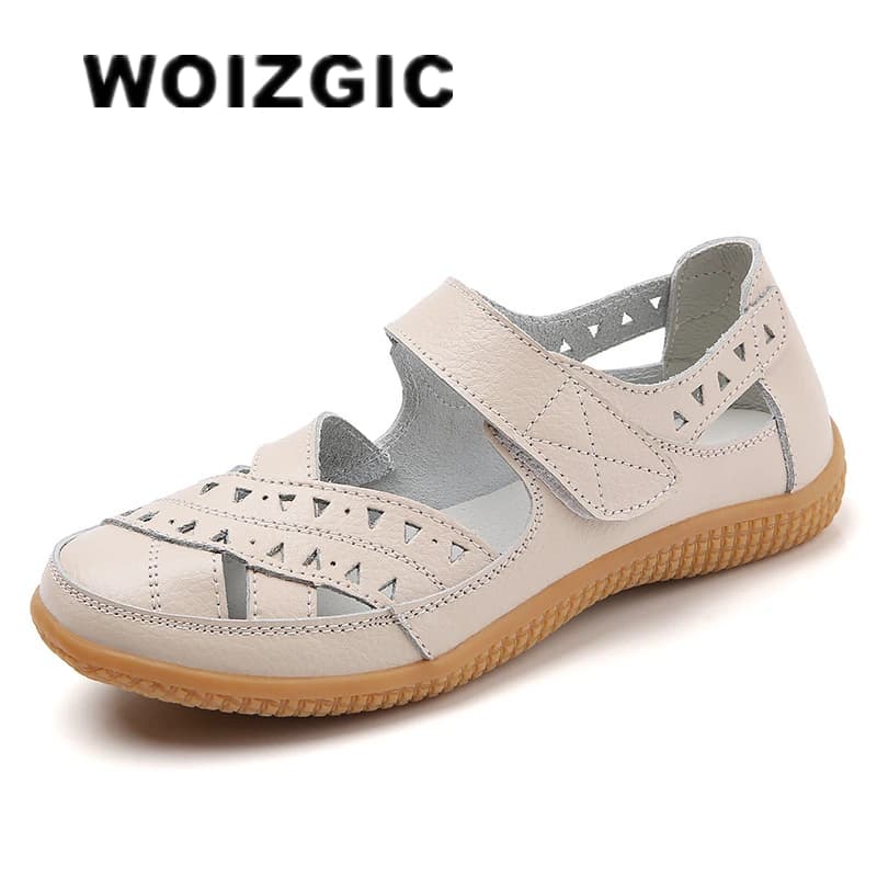 WOIZGIC – sandales en cuir véritable pour femmes, chaussures blanches ajourées, mocassins d'été, Cool, plage, grande taille 41 42