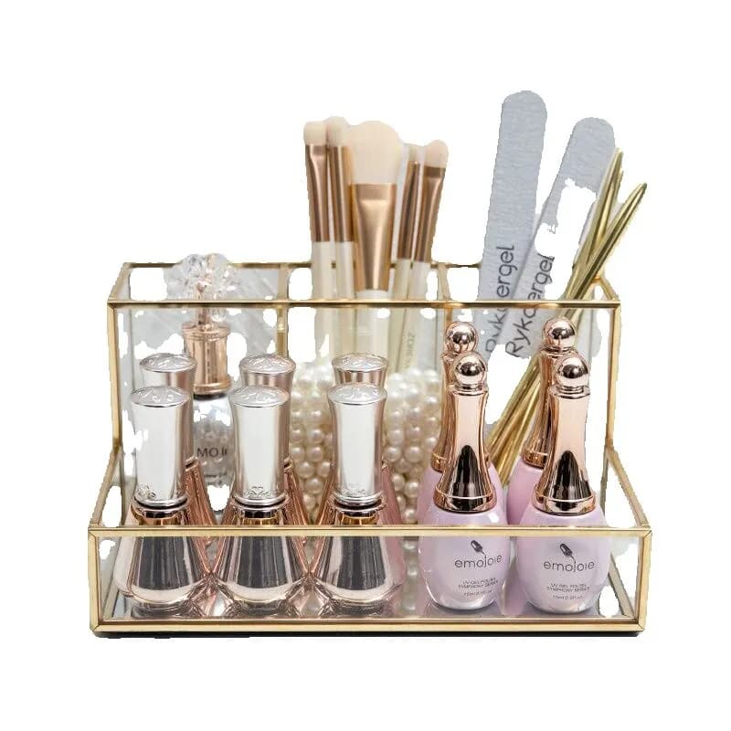 Étui de maquillage en verre transparent avec bord recouvert d'or, étui à bijoux, étui à rouge à lèvres