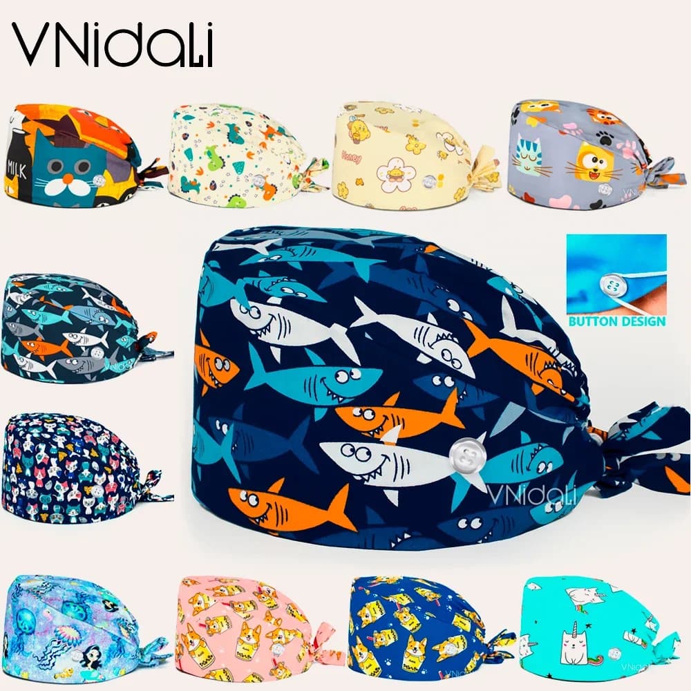 Casquette d'infirmière pour hommes et femmes, accessoires d'allaitement avec bouton, chapeau de gommage, casquette de chirurgie, dentiste, animal, casquette de laboratoire, cheveux longs