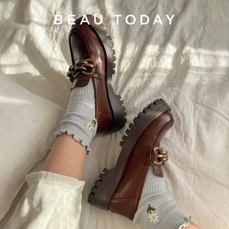 BeauToday-Mocassins épais en cuir véritable pour femme, chaussures à plateforme ronde en métal JOSlip, ballerines faites à la main, 27748