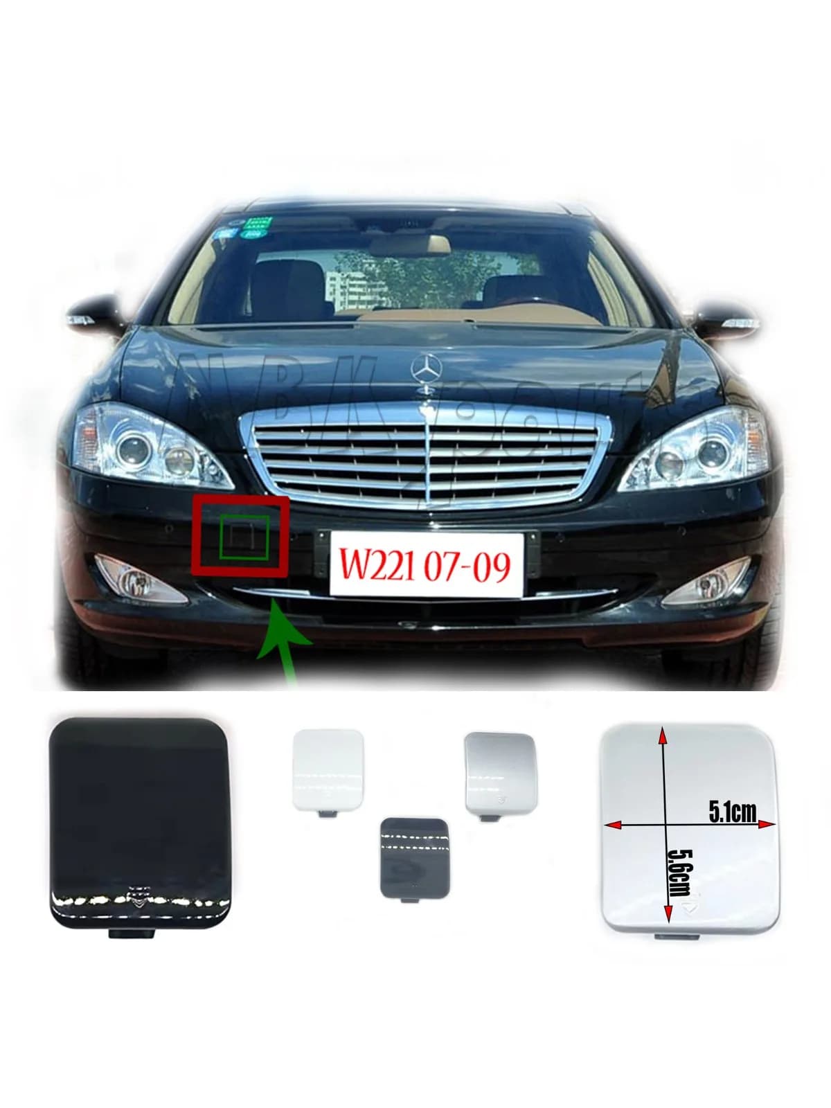Couvercle de remorquage avant A2218850223, Mercedes-Benz Classe S, W221, 280, 320, 400, 430, 500, 55, 63, 65 Jas, 07-09