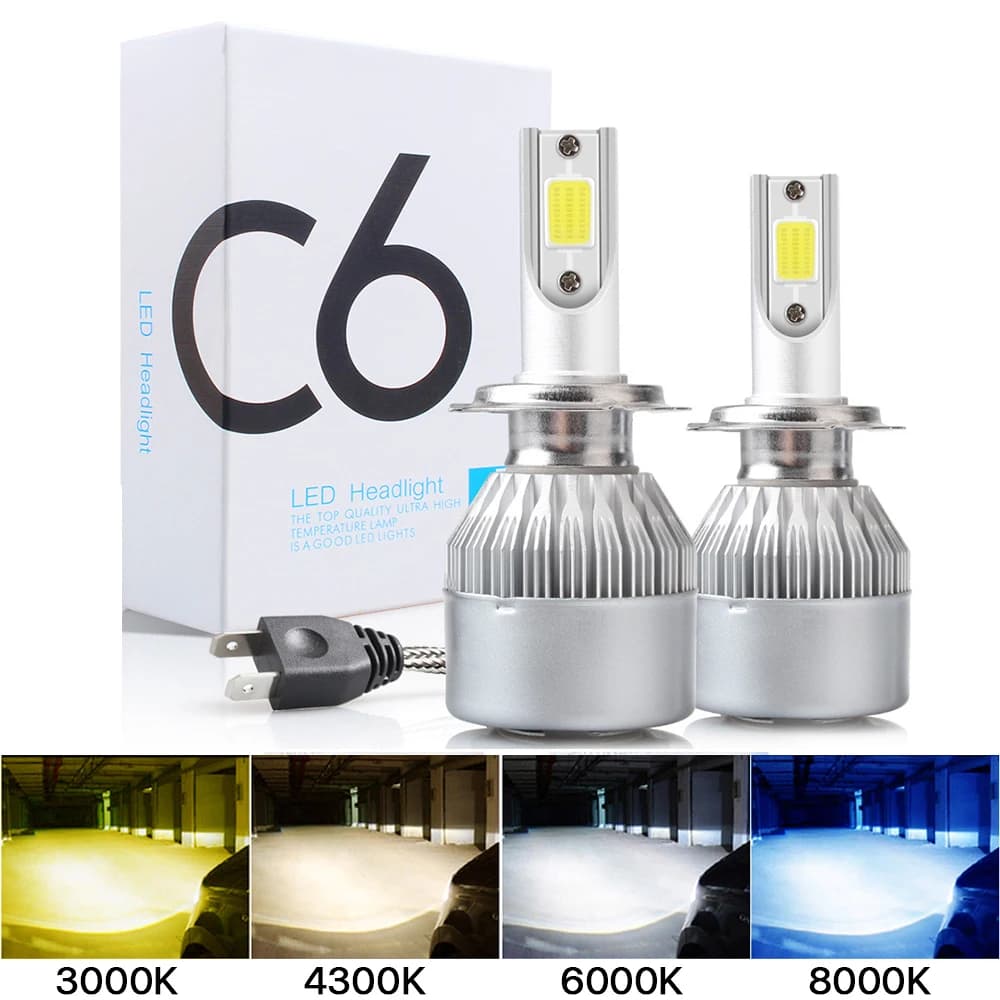 Phare de voiture Led C6, ampoule H7 LED H4, H8 H1 H3 H11 HB3 9005 HB4 9006 9007 880 881, phares antibrouillard, bleu glace, blanc, jaune, 2 pièces