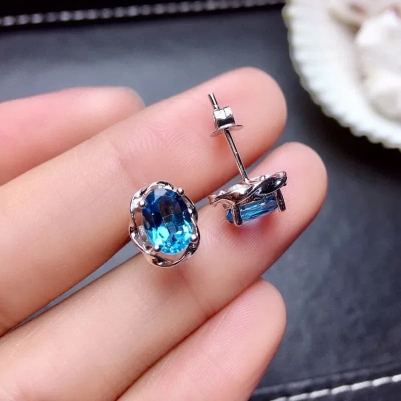 Boucles d'oreilles en topaze bleue naturelle pour femmes, bijoux en argent Sterling 925, ovales de luxe en saphir bleu