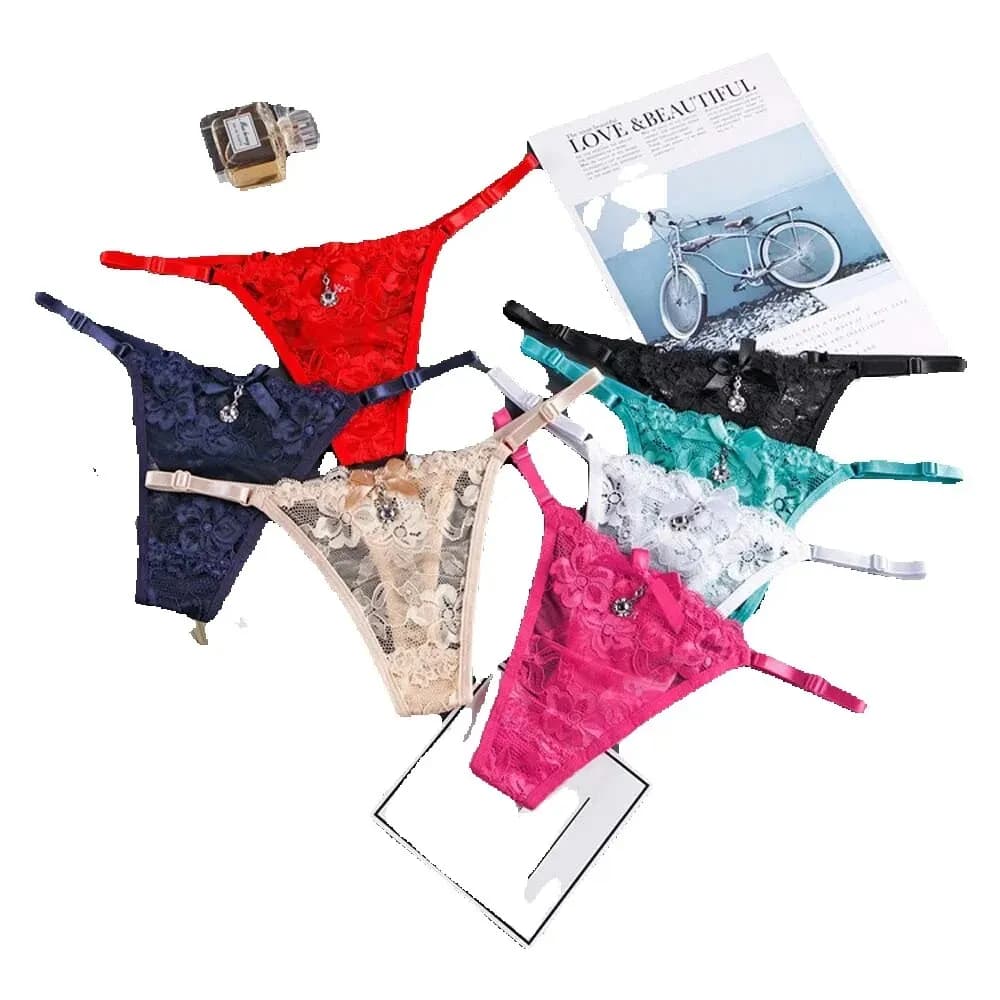 Culotte en dentelle avec pendentif en perle pour femme, string en G brodé, slip en T réglable, sous-vêtement sexy, lingerie pour femme