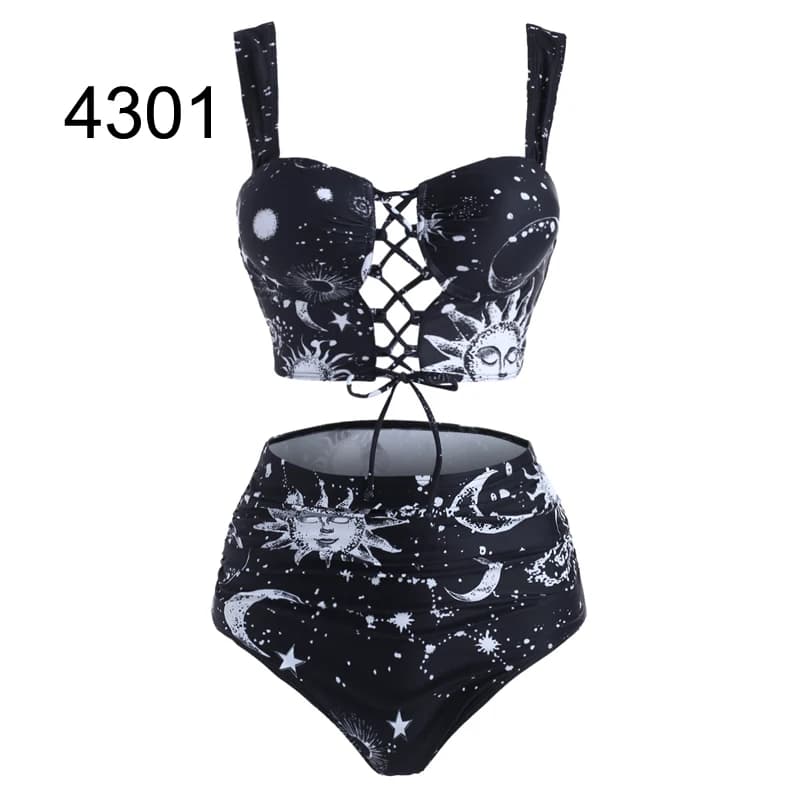 Maillot de bain sexy à lacets pour femmes, ensemble tankini rembourré, imprimé lune, soleil et étoile, vêtements de plage