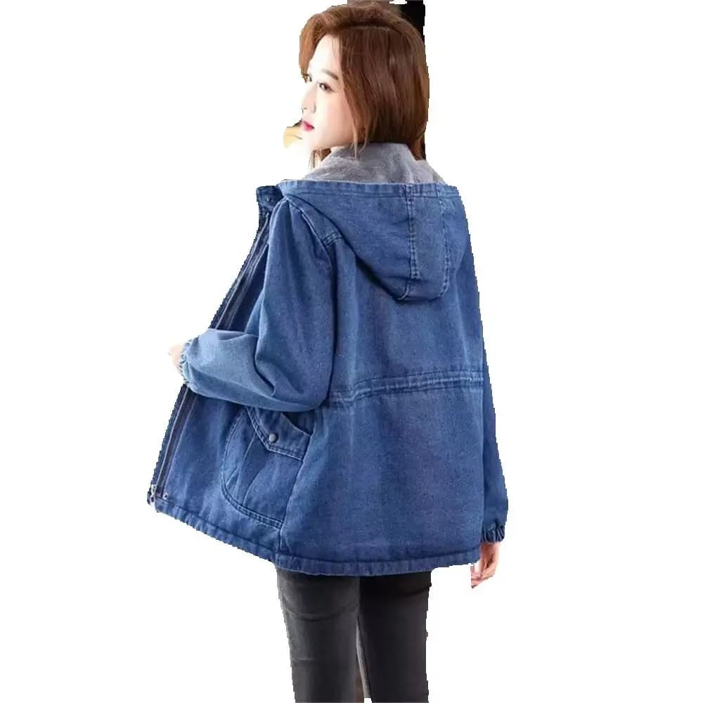 Manteau en jean à capuche en polaire pour femme d'âge mûr, coupe ample, cordon de serrage à la taille, épais et chaud, veste en coton pour l'hiver