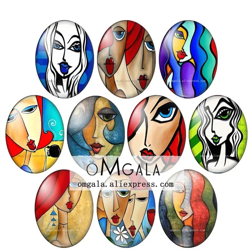 Cabochon en verre à dos plat pour femmes, motifs de visage de femmes abstremberg artistiques colorés mélangés, photo nar, résultats exécutifs, 13x18mm, 18x25mm, 30x40mm