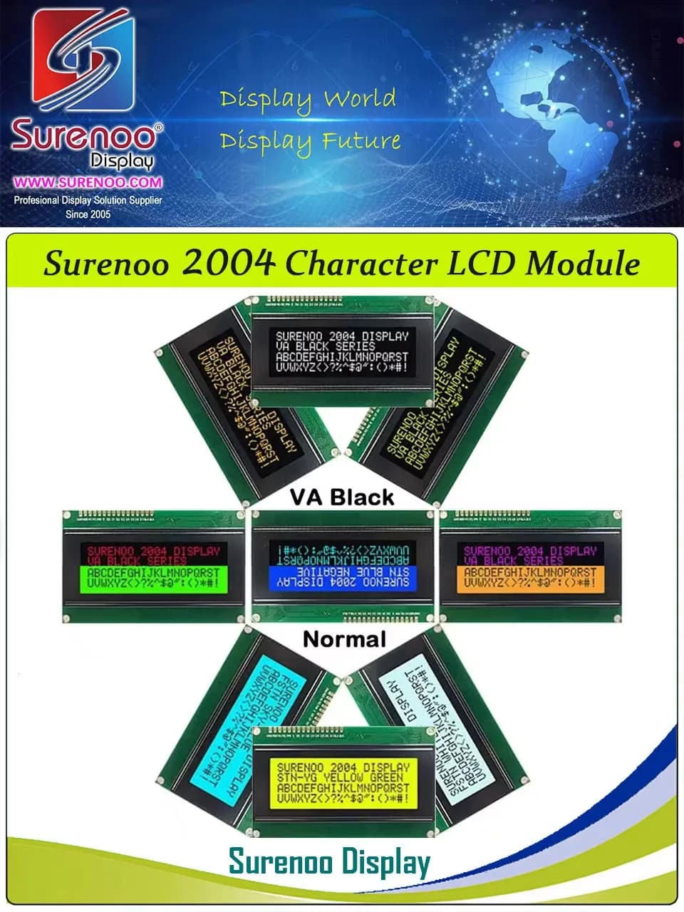 Surenoo-Écran d'affichage LCD Tech, écran LCM VA négatif, rétroéclairage LED, noir, blanc, bleu, orange, vert, 204, 20 age, 2004 rick