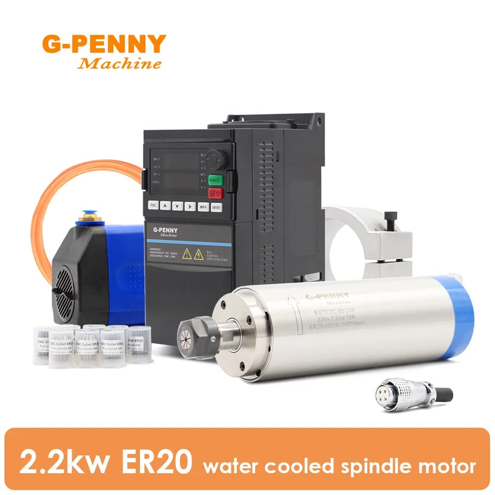 Moteur de broche refroidi par eau G-PENNY Machine 2.2KW ER20 D80 220V/380V avec variateur de fréquence 2.2KW et support de serrage 80mm, pompe à eau 75W