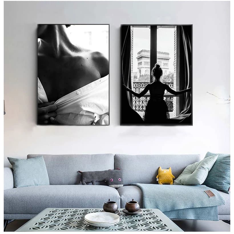 Peinture sur toile nordique de fille de fenêtre sexy, affiches de belle femme, art mural, noir et blanc, gérer le salon, décoration d'intérieur, mode